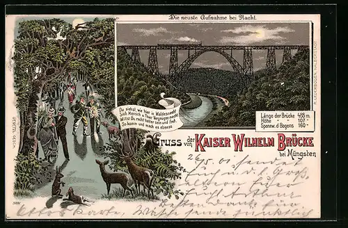 Lithographie Müngsten, Kaiser Wilhelm-Brücke mit Eisenbahn u. Wapdpartie mit Ausflüglern bei Mondschein