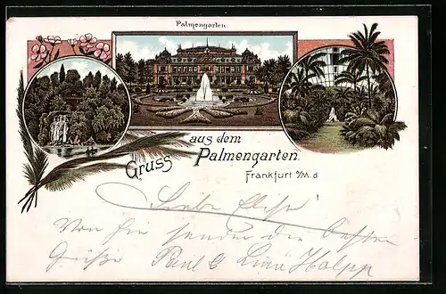 Lithographie Frankfurt-Westend, Palmengarten, Innenansicht, Ortspartie