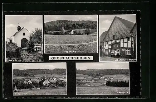 AK Zersen, Lebensmittelgeschäft Haupt, Pappmühle, Kapelle