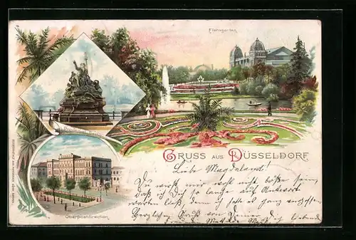 Lithographie Düsseldorf, Oberpostdirektion, Floragarten, Provinzial-Denkmal