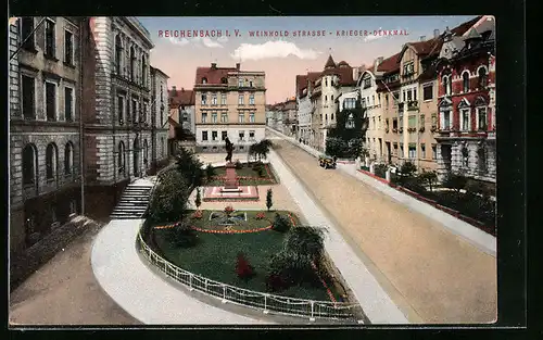 AK Reichenbach i. V., Weinhold-Strasse mit Krieger-Denkmal