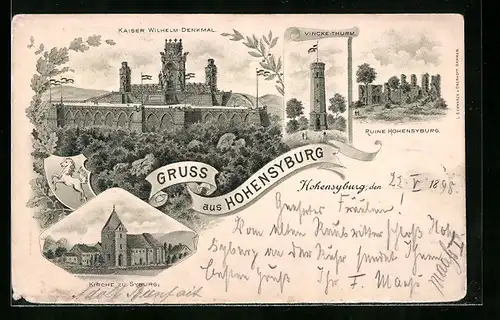 Lithographie Hohensyburg, Kasier Wilhelm-Denkmal, Kirche zu Syburg, Ruine Hohensyburg