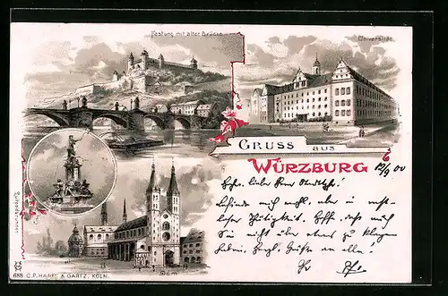 Lithographie Würzburg, Universität, Festung mit alter Brücke, Dom