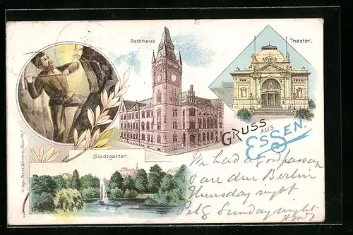 Lithographie Essen, Theater, Rathaus, Stadtgarten