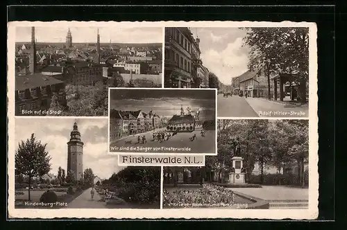 AK Finsterwalde /N.-L., Hindenburg-Platz, Strasse, Kriegerdenkmal mit Parkeingang
