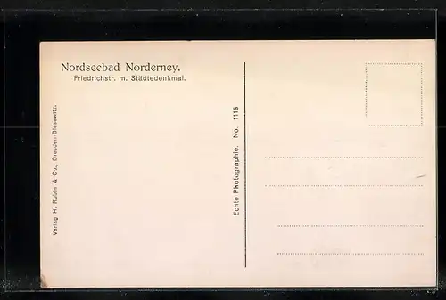 AK Norderney, Partie in der Friedrichstrasse mit Städtedenkmal