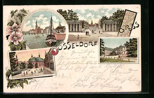 Lithographie Düsseldorf, Rheinpartie mit Schiffbrücke, Strassenpartie, Maximilians-Kirche