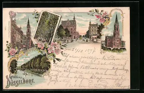 Lithographie Düsseldorf, Elberfelder Strasse, Blumenstrasse, Johanniskirche