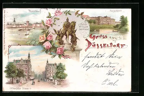 Lithographie Düsseldorf, Postgebäude, Panorama, Partie in der Elberfelder Strasse