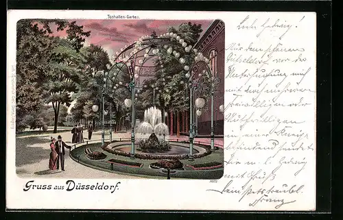 Lithographie Düsseldorf, Partie im Tonhallen-Garten mit Spaziergängern am Springbrunnen