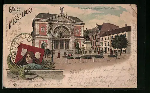 Lithographie Düsseldorf, Partie am Bismarck-Denkmal vor der Kunsthalle