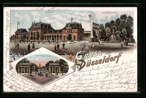 Lithographie Düsseldorf, Cornelius-Platz, Bahnhof, Ratinger Thor
