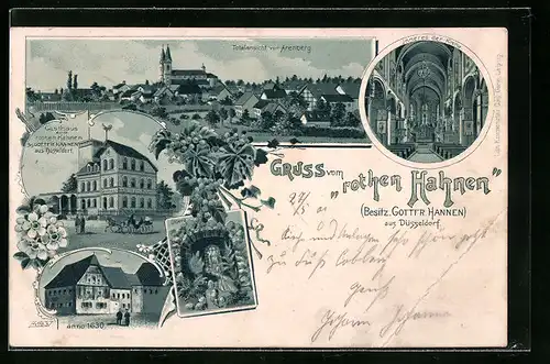 Lithographie Düsseldorf, Gasthaus zum rothen Hahnen, Totalansicht von Arenberg