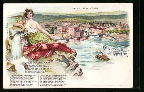 Lithographie Hameln /Weser, Teilansicht mit Weserbrücke und Umgebung, Mythologische Figur mit Laute