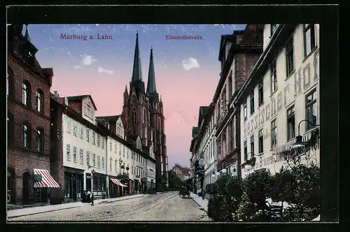 AK Marburg /Lahn, Partie in der Elisabethstrasse mit Gasthaus Hessischer Hof und Kirche
