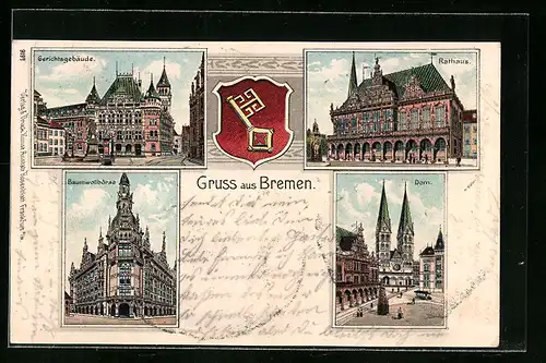 Lithographie Bremen, Gerichtsgebäude, Baumwollbörse, Rathaus, Wappen
