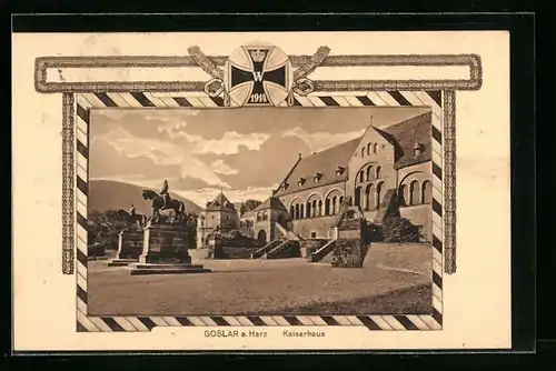 Passepartout-AK Goslar am Harz, Kaiserhaus mit Reiterstandbildern, Eisernes Kreuz