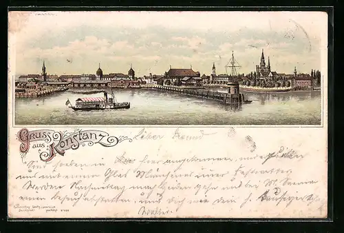 Lithographie Konstanz, Panorama mit Dampfer vom Wasser gesehen