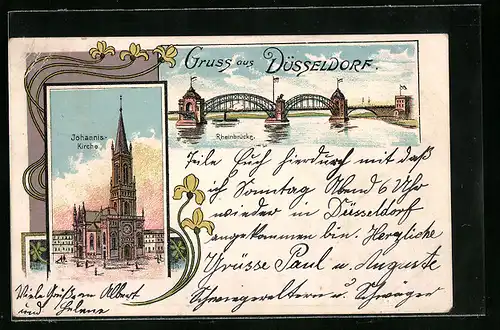 Lithographie Düsseldorf, Rheinbrücke und Johannis-Kirche