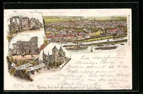 Lithographie Trier, Ortspartie mit Kaiserpalast, Dom, Porta nigra