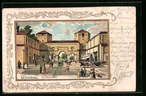 Lithographie München, Sendlingertor mit Passanten