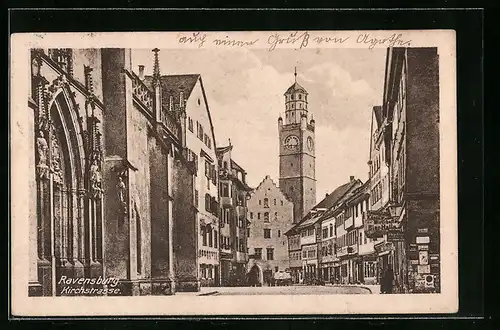 AK Ravensburg, Partie in der Kirchstrasse, Blick zum Uhrenturm