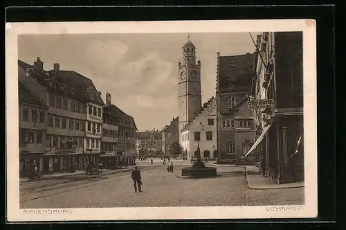 AK Ravensburg, Viehmarkt mit Geschäften