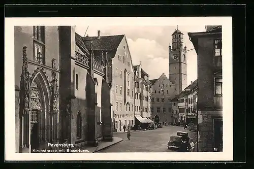 AK Ravensburg, Blick auf den Blaserturm aus der Kirchstrasse