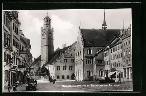 AK Ravensburg, Viehmarkt mit Blaserturm und Rathaus