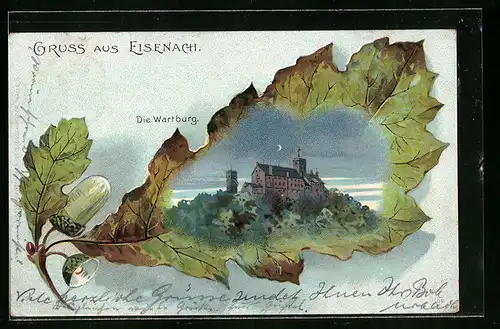 Lithographie Eisenach, Die Wartburg bei Dämmerung