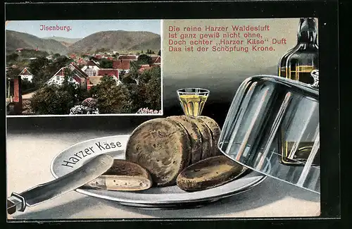 AK Ilsenburg, Ortsansicht mit Berglandschaft, Harzer Käse Gedicht