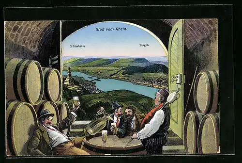 AK Rüdesheim, Totalansicht mit Fluss und Bingen, Trunkenbolde schauen auf den Rhein