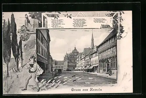AK Hameln, Häuser im Stadtkern, Rattenfänger von Hameln