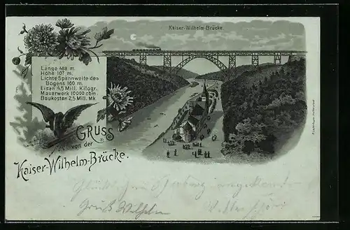 Mondschein-Lithographie Müngsten, Kaiser-Wilhelm-Brücke mit Passanten