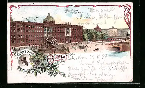 Lithographie Berlin, Königliches Schloss mit Schlossbrunnen
