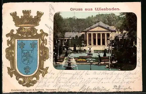 Präge-AK Wiesbaden, Parkanlage mit Wappen