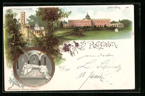 Lithographie Potsdam, Mausoleum Kaiser Friedrich III., Friedenskirche, Neues Palais