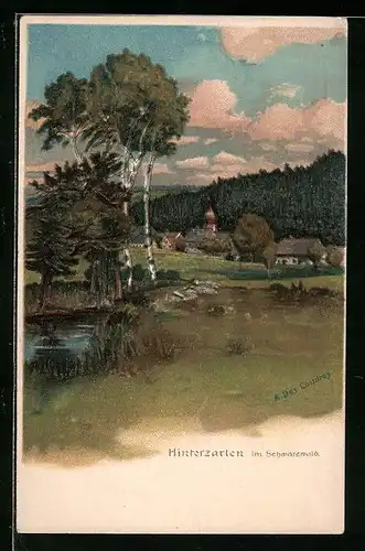 Künstler-AK Hinterzarten i. Schwarzwald, Ortsansicht mit Kirche