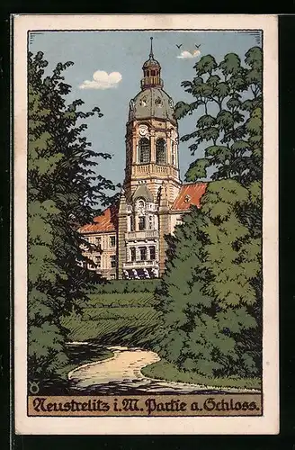Steindruck-AK Neustrelitz i. M., Partie am Schloss