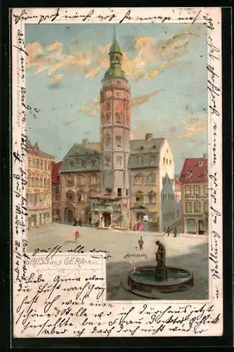Lithographie Gera, Marktplatz mit Brunnen