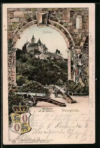 AK Wernigerode, Alte Kanonen auf der Schlossterrasse, Schloss