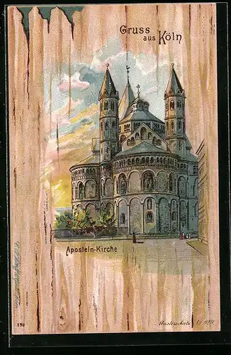 Lithographie Köln, Aposteln-Kirche bei Sonnenaufgang
