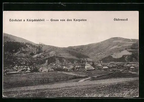 AK Ökörmezó, Panorama des Ortes mit Karpatenblick