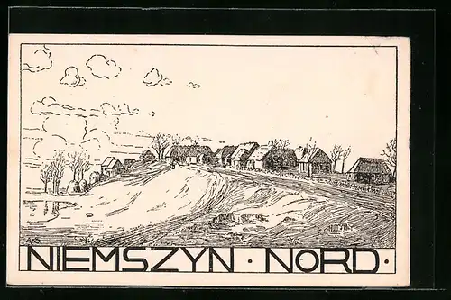 Künstler-AK Niemszyn-Nord, Ortsansicht mit Landstrasse