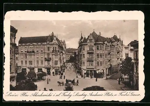 AK Lemberg, Akademie-Platz und Fredro-Gasse aus der Vogelschau