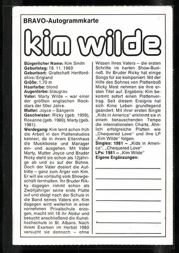 AK Portrait der Sängerin Kim Wilde