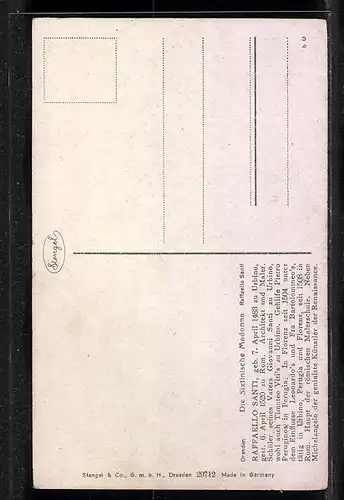 Künstler-AK Stengel & Co. Nr. 20712: Die Sixtinische Madonna nach Santi