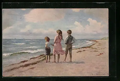 Künstler-AK sign. C. Berthelsen: Kinder am Strande