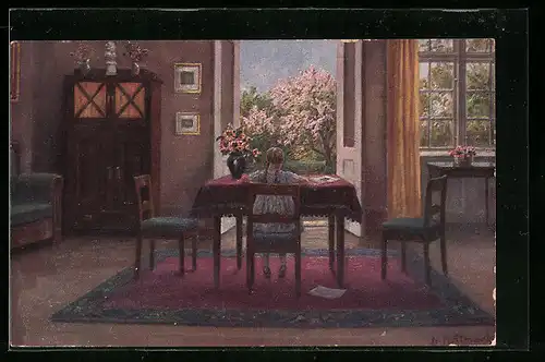 Künstler-AK sign. N. Holtmark: In der Gartenstube, Dänische Kunst