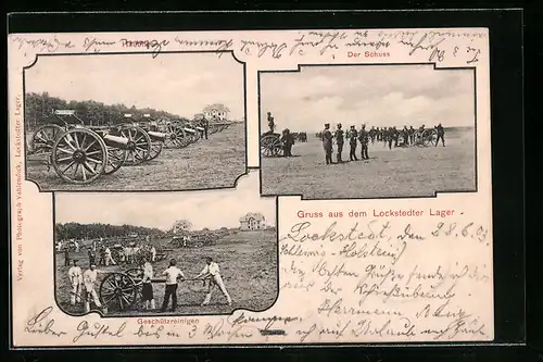 AK Lockstedt, Lager mit Haubitzen und Soldaten beim Feuern und Geschützreinigen